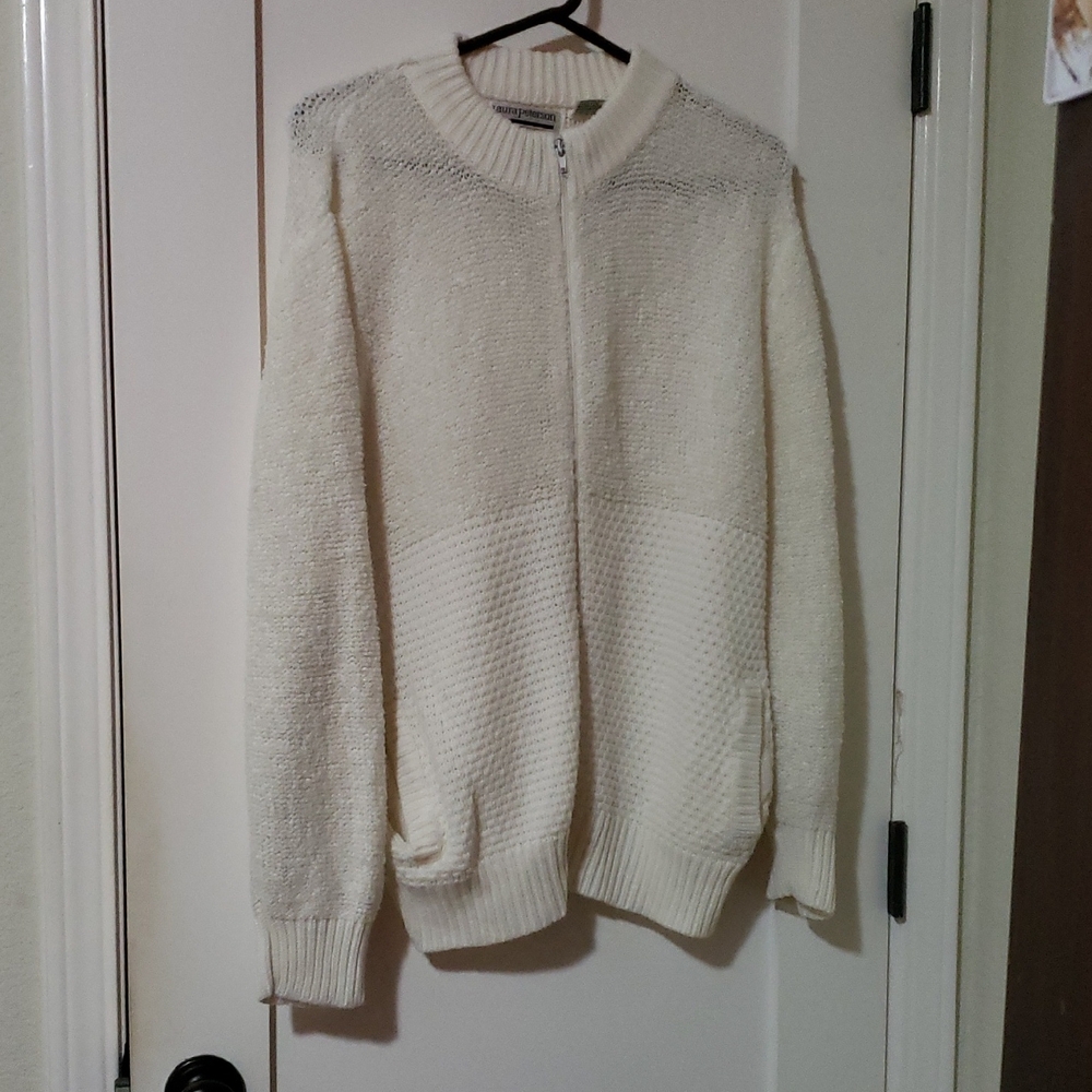 Women's Cream Cardigan Sweater Full Length Front Zipper